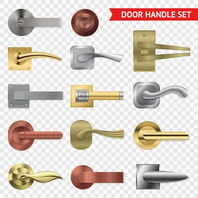 Realistic door handle transparent set with isolated images of metal twist levers of different shape vector illustration