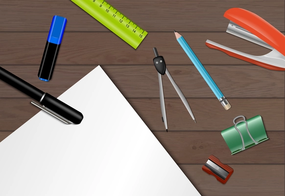 Stationery paper background with part of a wooden table with pens and pencils lying on it vector illustration