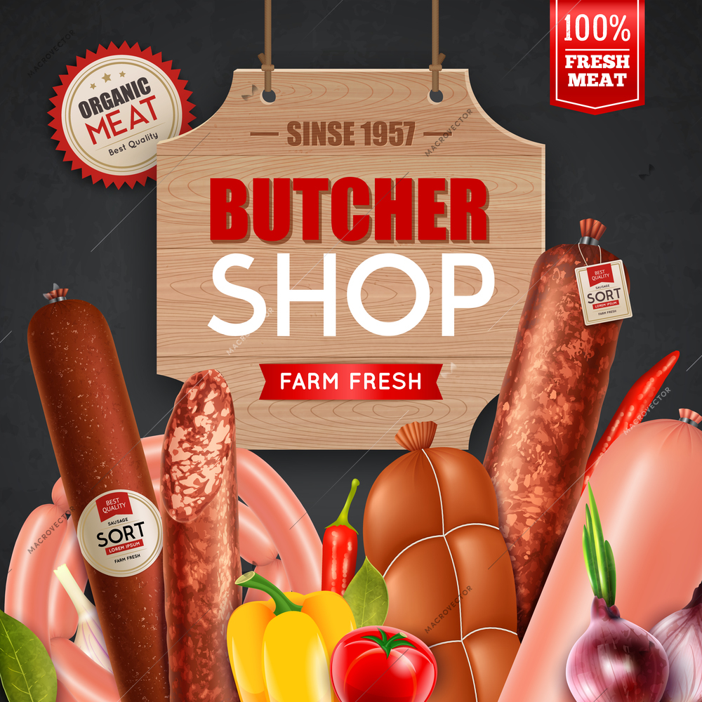 Butcher shop with fresh sausages and meat symbols realistic vector illustration