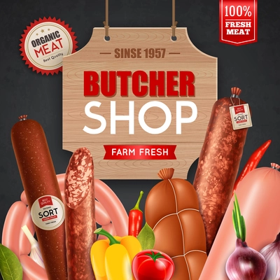 Butcher shop with fresh sausages and meat symbols realistic vector illustration
