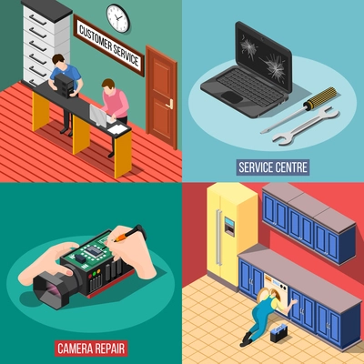 Service centre 2x2 design concept with customer support and repair of gadgets devices and household appliances square compositions isometric vector illustration