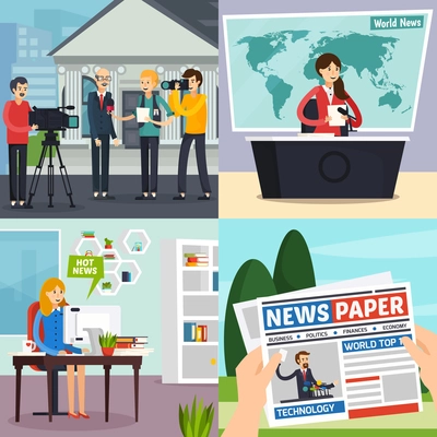 News orthogonal design concept including reporter with interview, tv studio with program, blogger, newspaper isolated vector illustration