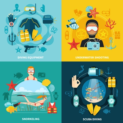 Diving design concept with equipment including gun and knife, underwater shooting, snorkeling, scuba swimming isolated vector illustration