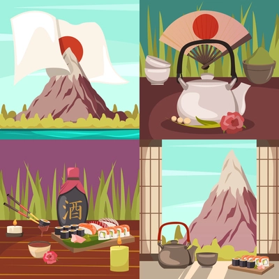 Japanese culture traditions cuisine 4 orthogonal icons square with tea ceremony and fuji mountain isolated vector illustration