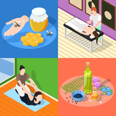 Alternative medicine 2x2 isometric design concept set of yoga apitherapy massage aromatherapy square compositions vector illustration