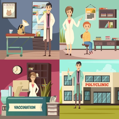 Compulsory mandatory vaccination orthogonal icons concept square with pet in vet practice boy in polyclinic vector illustration