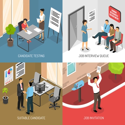 Job interview design concept with images of receiving invitation letter and indoor office placement testing vector illustration