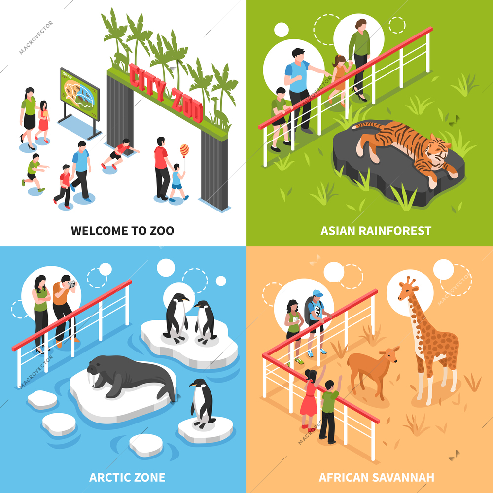 Welcome to zoo 2x2 design concept with asian rainforest arctic zone and african savannah square icons isometric vector illustration