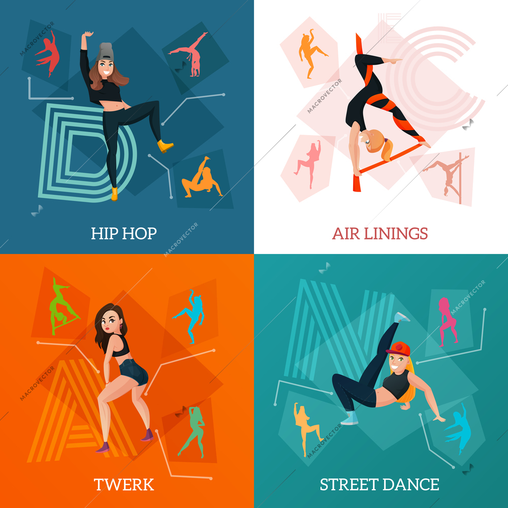 Modern dance types concept with hip hop, aerial ribbons, street style movements, twerk isolated vector illustration