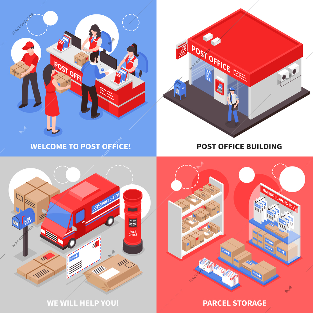 Post 2x2 isometric design concept post office building parcel storage transportation and point of correspondence delivery square icons vector illustration