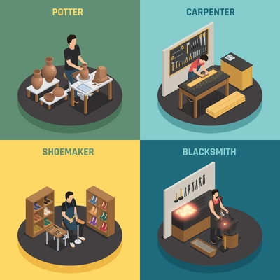 Craftsman professions 2x2 design concept with potter shoemaker carpenter blacksmith square icons isometric vector illustration