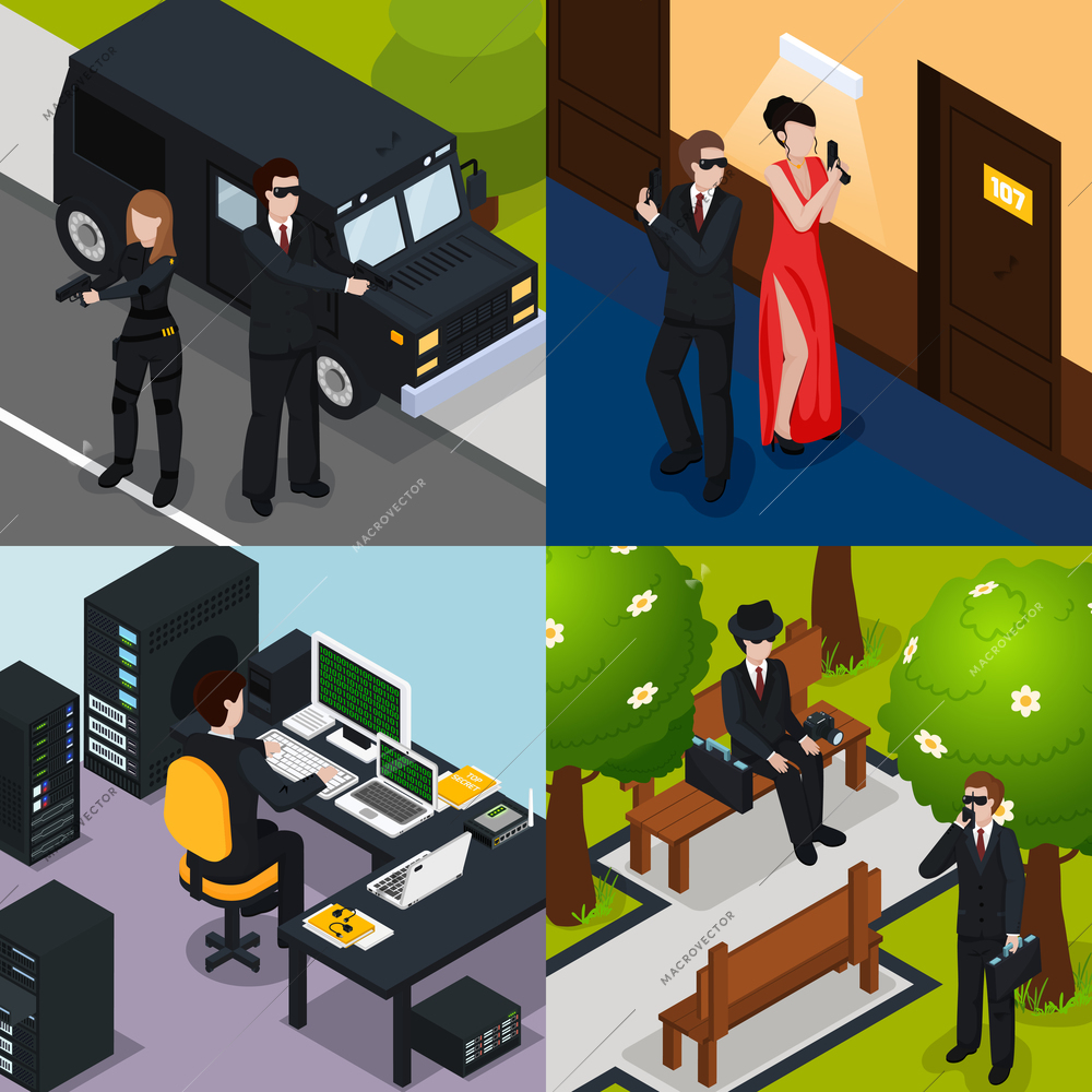 Special agent isometric concept with action in hotel, safeguard, spy on bench, professional equipment isolated vector illustration