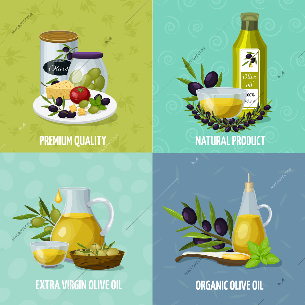 Olive oil natural organic products 4 background cartoon icons square with premium quality cans isolated vector illustration