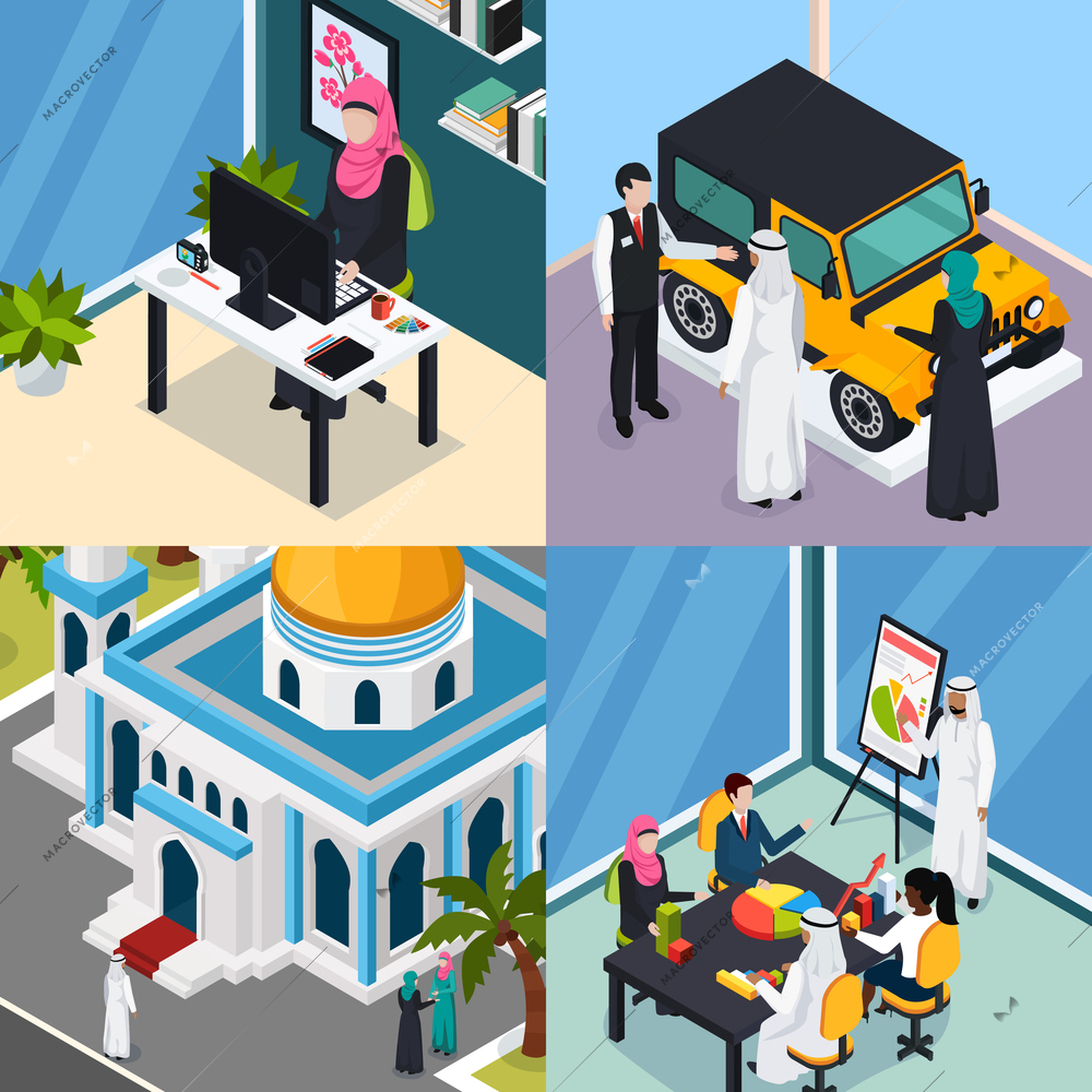 Saudi people isometric concept with arab muslims in office, during car purchase, near mosque isolated vector illustration