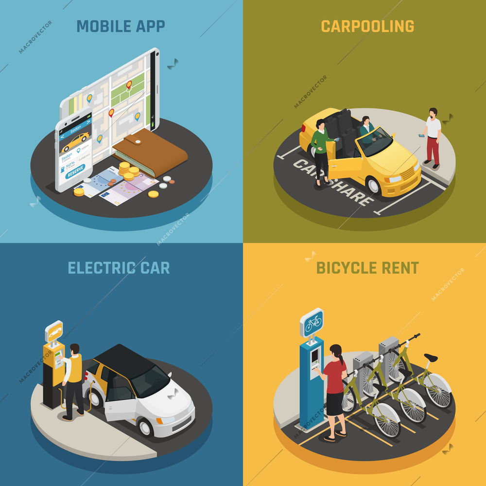 Carsharing 2x2 design concept with mobile app electric car bicycle rent and carpooling square icons isometric vector illustration