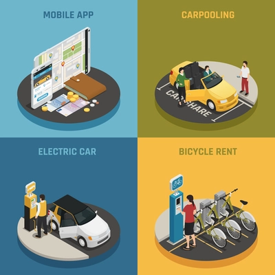 Carsharing 2x2 design concept with mobile app electric car bicycle rent and carpooling square icons isometric vector illustration