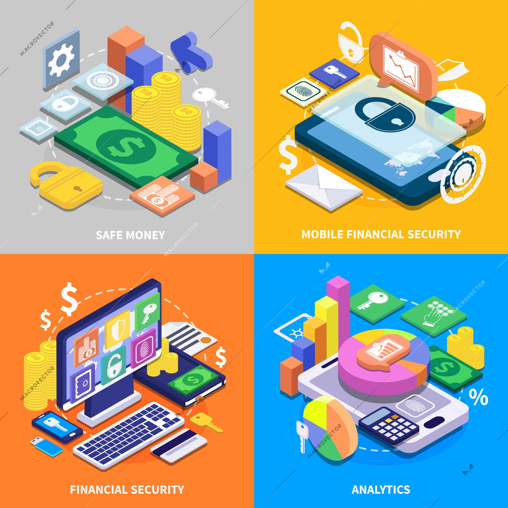 Mobile banking financial security 2x2 colorful isometric icons set 3d isolated vector illustration