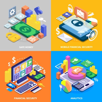 Mobile banking financial security 2x2 colorful isometric icons set 3d isolated vector illustration