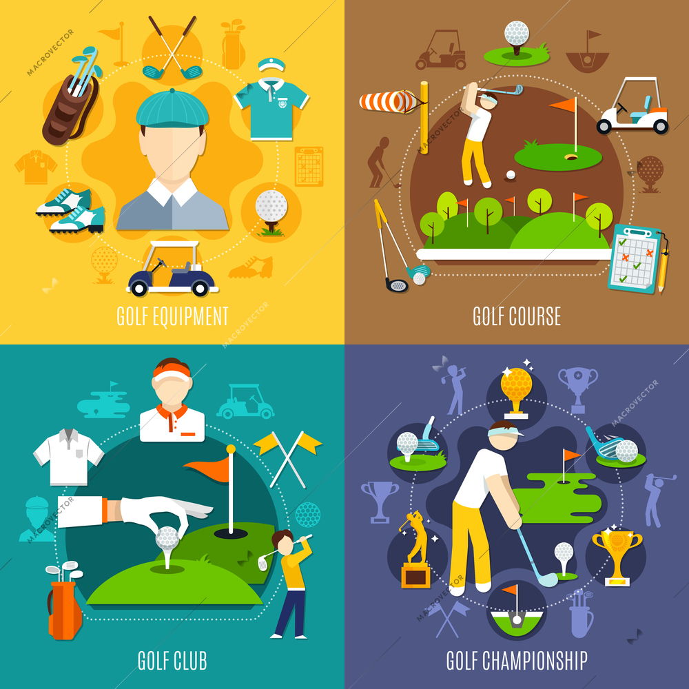 Golf game flat design concept with sports equipment, play field, club and competitions isolated vector illustration