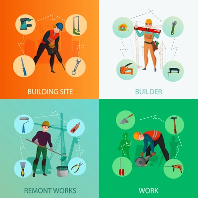 Builders design concept including construction site, repair works with professional tools and materials isolated vector illustration