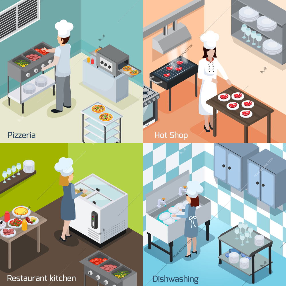 Commercial pizzeria and restaurant kitchen interior  equipment appliances 4 isometric icons square with dishwashing facility isolated vector illustration