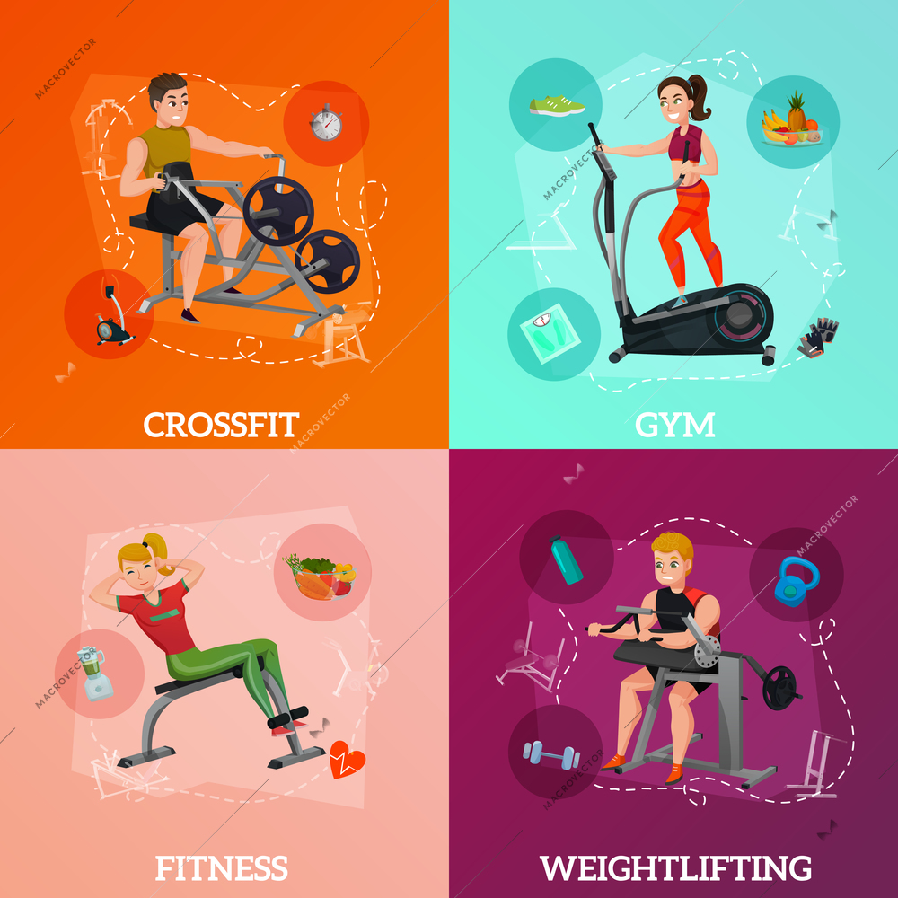 Exercise equipment concept with crossfit, gym for slimming, fitness and heathy nutrition, weightlifting isolated vector illustration