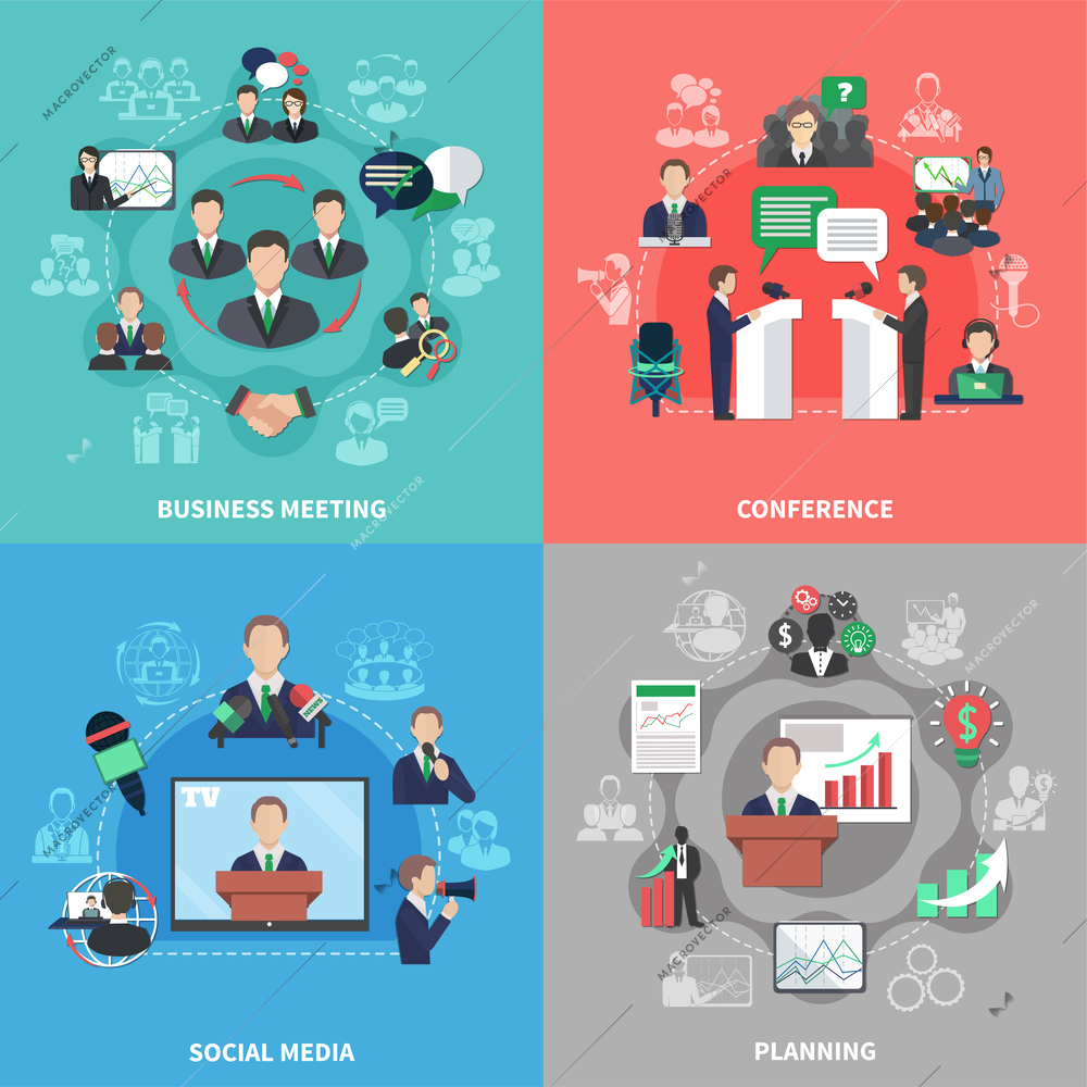 Business meeting 2x2 design concept with collection of social media images financial pictograms flat human characters vector illustration