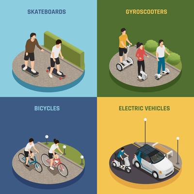 Personal eco transportation 2x2 design concept set of people riding skateboards bicycles gyro scooters electric vehicles square icons isometric vector illustration