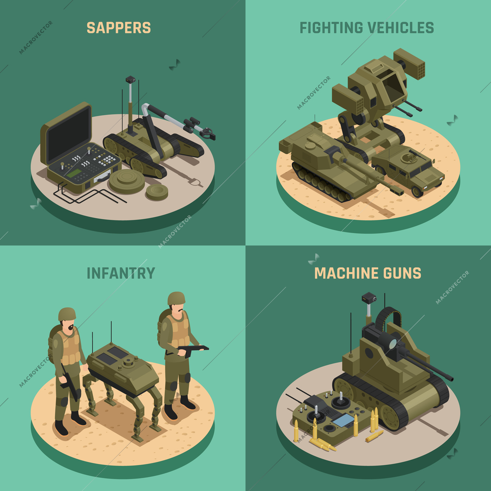 Fighting robots 2x2 design concept set of  infantry sappers fighting vehicles and machine guns square compositions isometric vector illustration