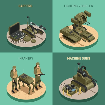 Fighting robots 2x2 design concept set of  infantry sappers fighting vehicles and machine guns square compositions isometric vector illustration