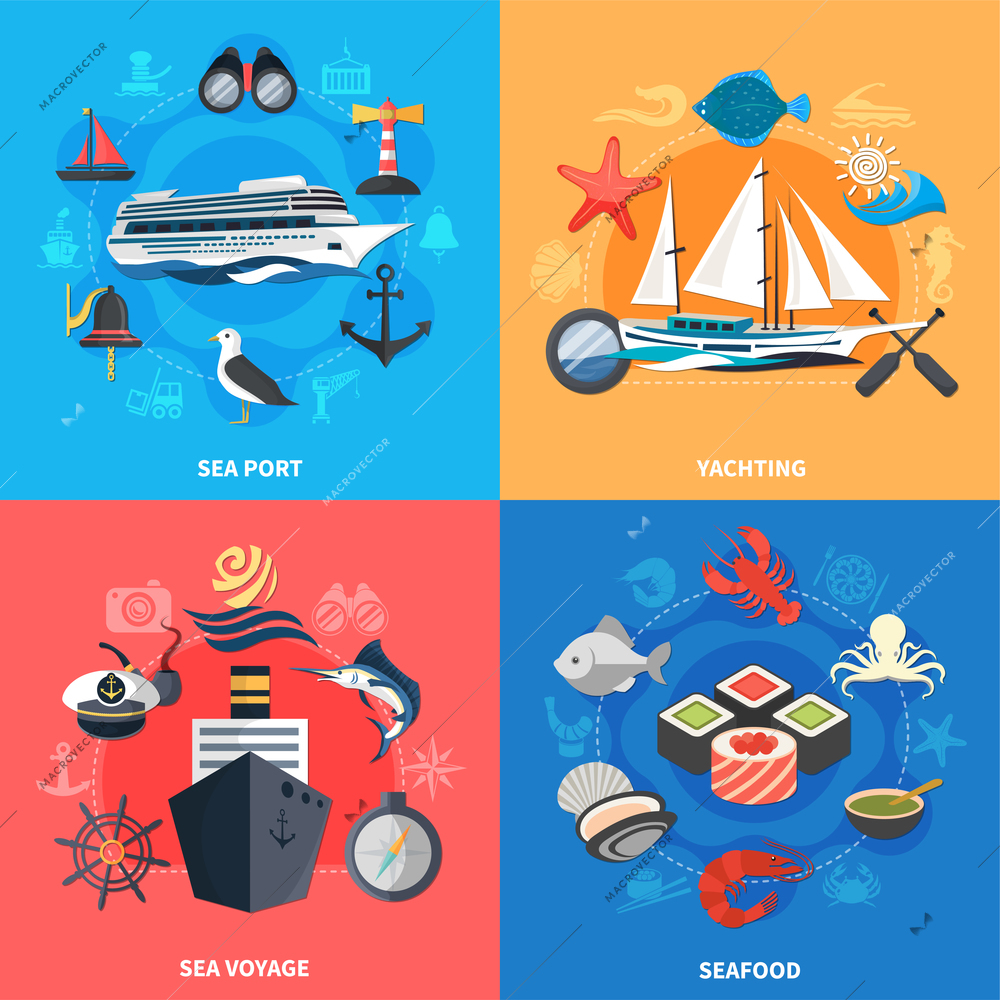 Nautical concept icons set with seafood and sea port symbols flat isolated vector illustration