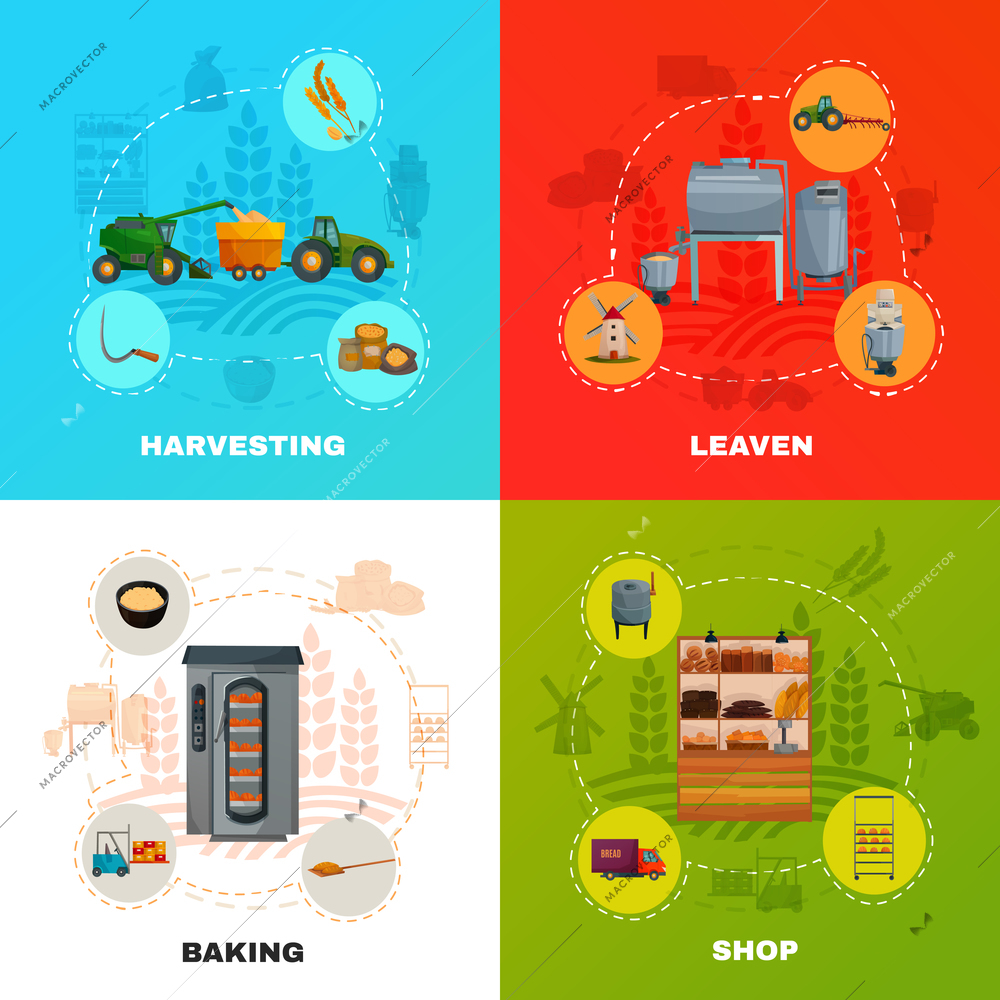 Bread production concept with cereal harvesting, dough kneading with yeast, baking, goods delivery, shop isolated vector illustration