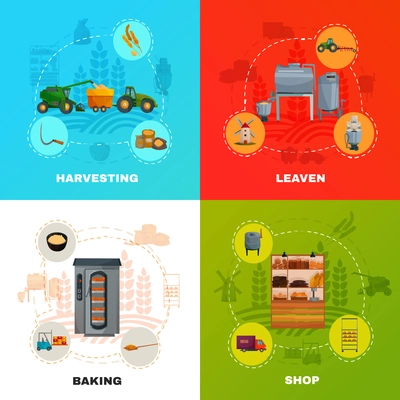 Bread production concept with cereal harvesting, dough kneading with yeast, baking, goods delivery, shop isolated vector illustration