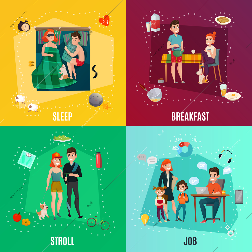 Couple in daily routine design concept including sleep, breakfast, stroll, job, infographic elements isolated vector illustration