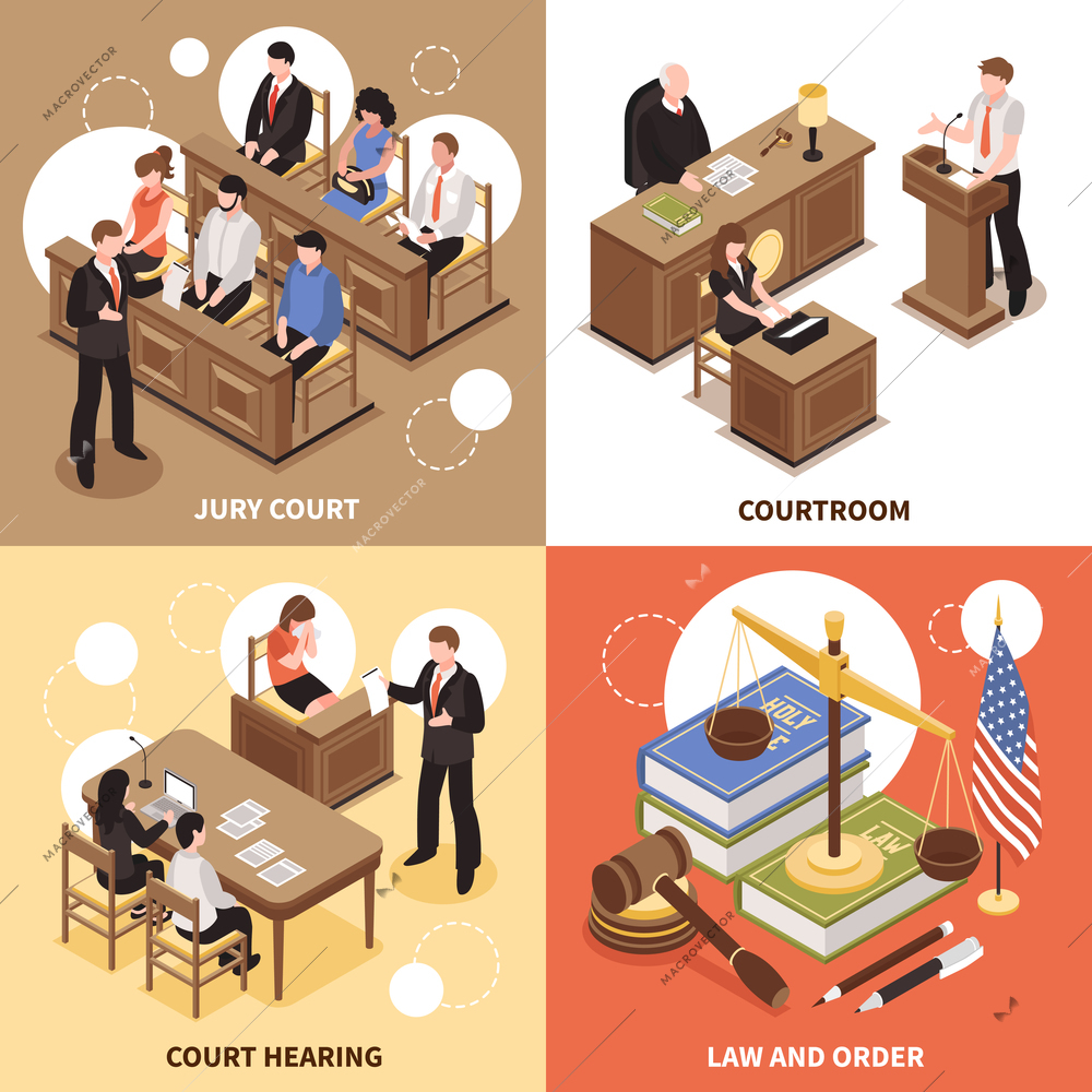 Law and order 2x2 isometric design concept with jury court courtroom court hearing square compositions vector illustration