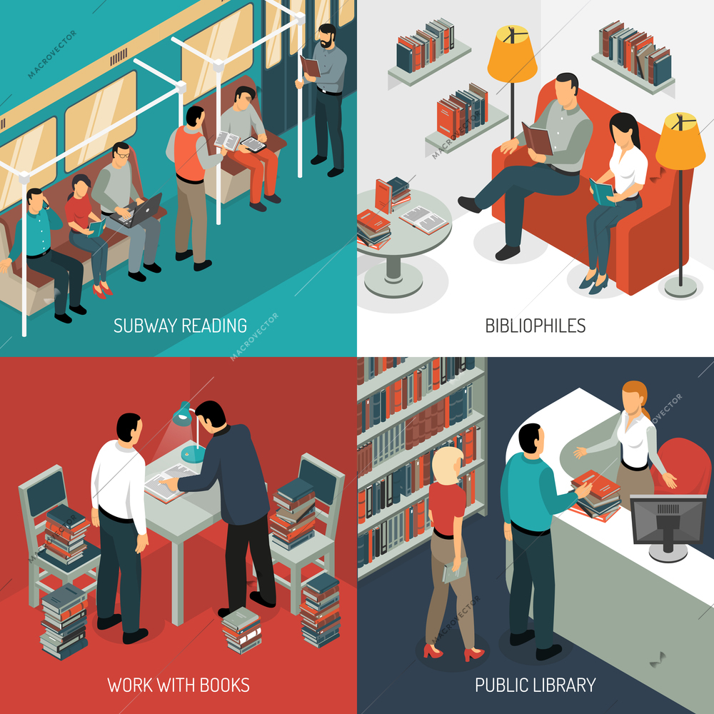 Isometric book reading design concept with various situations in public transport library and domestic scenery vector illustration