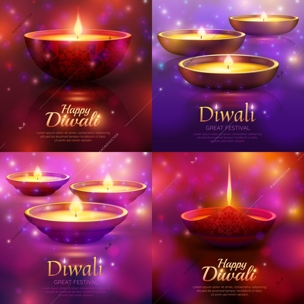 Diwali celebration design concept with burning festive lamps on purple blurred background with sparkles isolated vector illustration