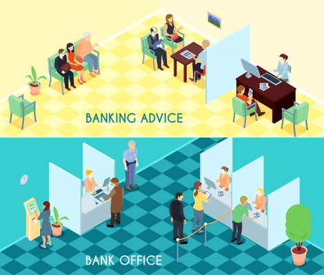 Bank service isometric banners with advices for clients, waiting visitors, office interior elements isolated vector illustration