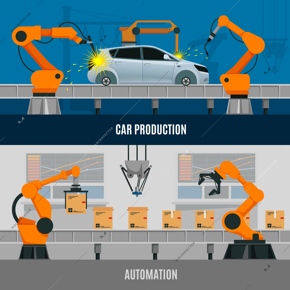 Automation horizontal banners set with car production symbols flat isolated vector illustration