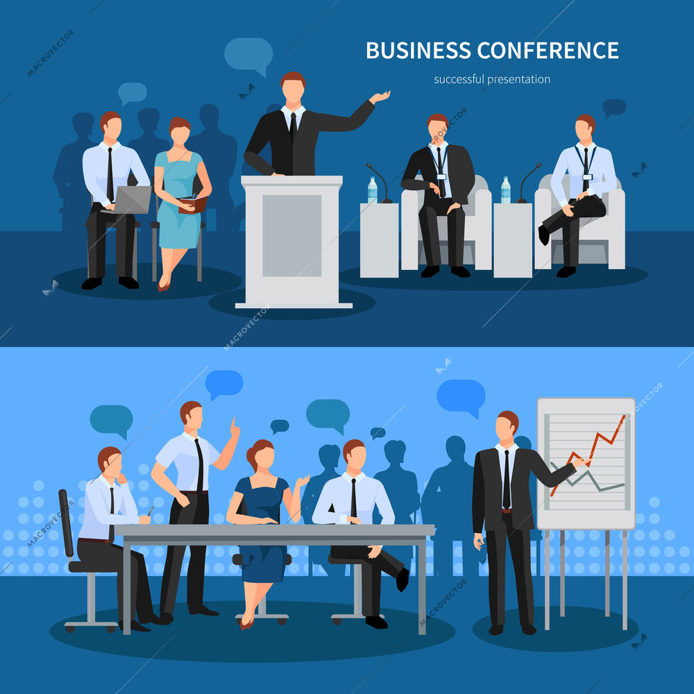 Business conference horizontal banners set with technology symbols flat isolated vector illustration