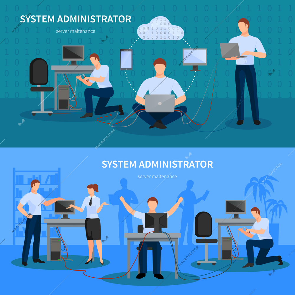 System administrator horizontal banners set with computer symbols flat isolated vector illustration