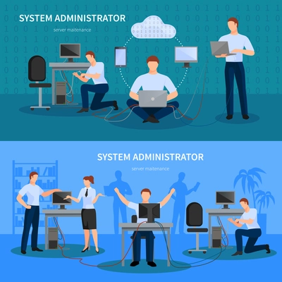 System administrator horizontal banners set with computer symbols flat isolated vector illustration