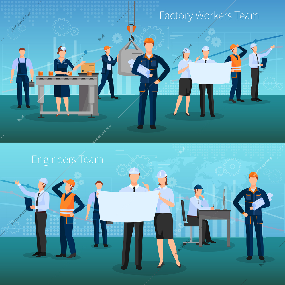 Factory workers team horizontal banners set with technology symbols flat isolated vector illustration