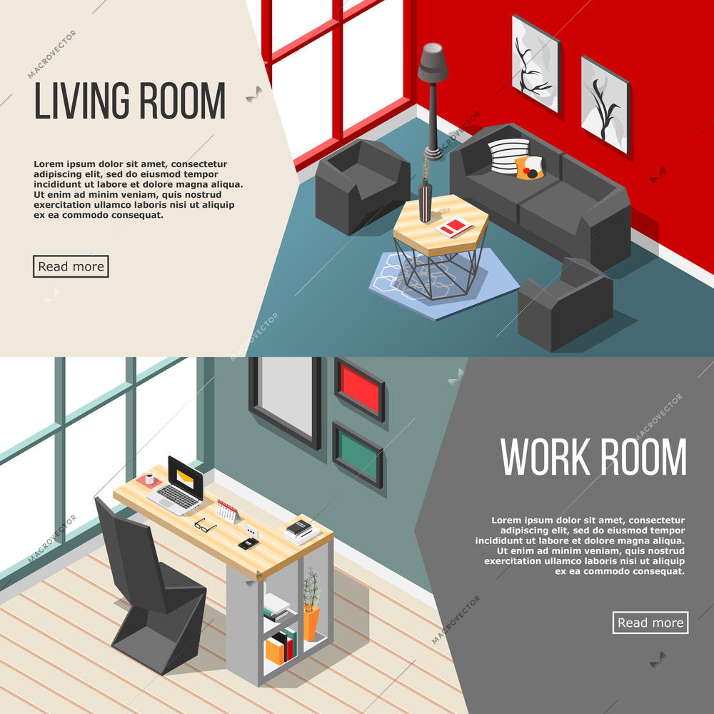 Residential futuristic interior set of horizontal isometric banners with living room and home workplace isolated vector illustration