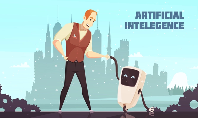 Artificial intelligence interacting socially with human in everyday life cartoon poster with man and robot vector illustration