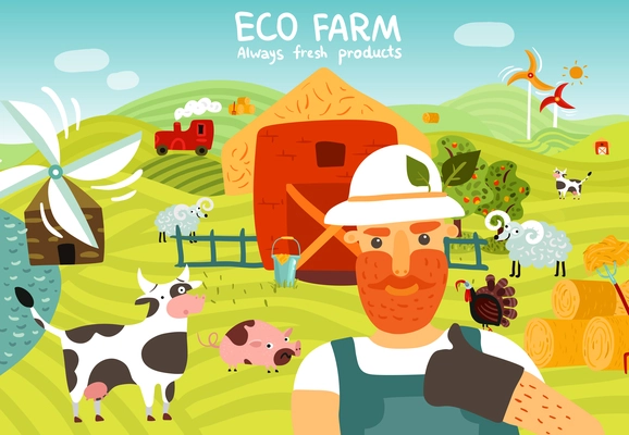 Eco farm composition with worker, barn, windmills, garden, domestic animals on green fields background vector illustration