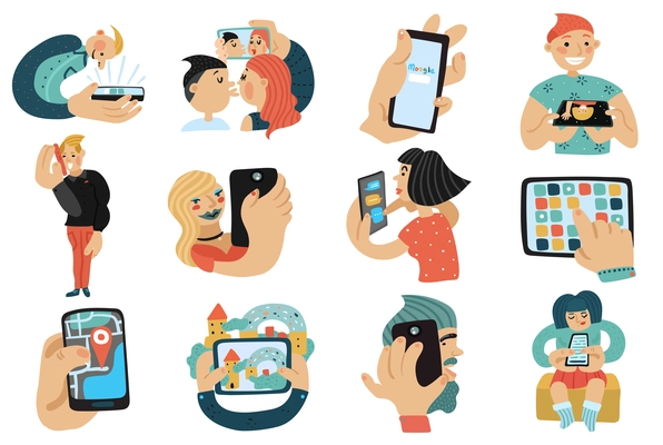 Set of people with mobile phones during calls, video chat, game, selfie, internet search isolated vector illustration