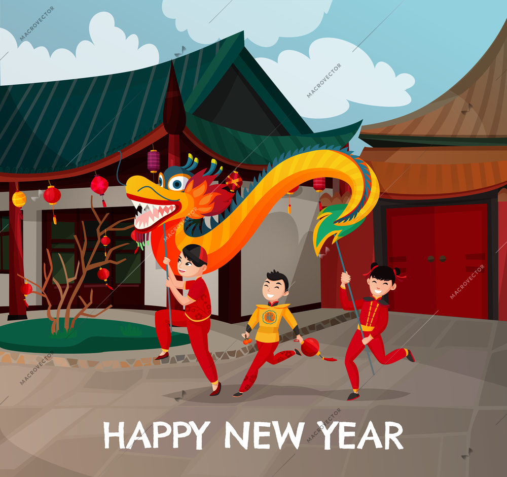 Chinese new year, dancing kids with colorful dragon and paper lanterns on background of homes vector illustration