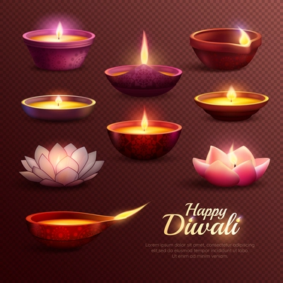 Diwali celebration icons set with burning oil lamps of various shape on transparent background isolated vector illustration