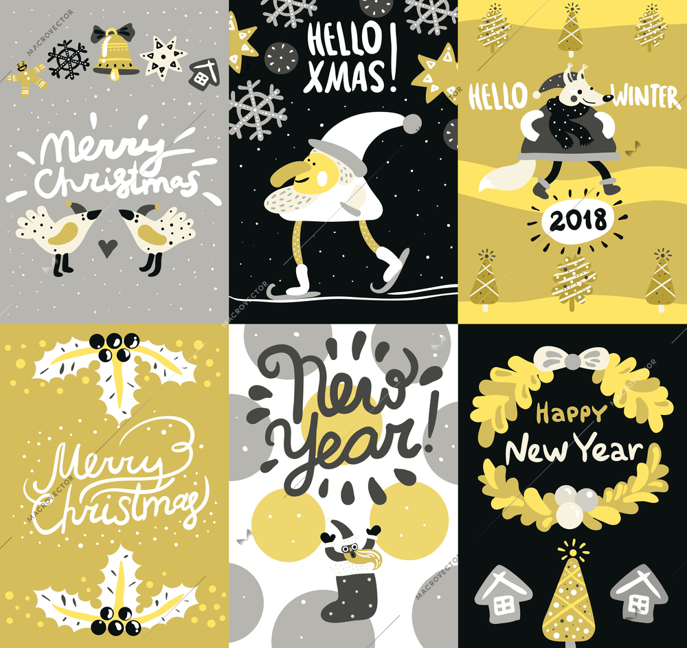 Christmas posters and banners set with typographic letterings, holiday decorations including snowflake, bell, huts isolated vector illustration